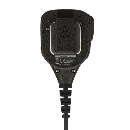 Back view of the Motorola PMMN4071 IMPRES Large Remote Speaker Microphone (RSM). This unit features noise cancelling technology, a 3.5mm audio jack, and is UL Approved.