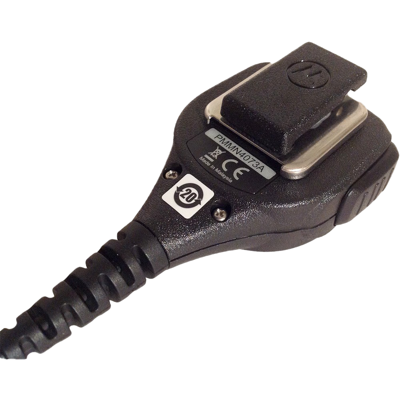 Back view of the Motorola PMMN4073 IMPRES Compact Remote Speaker Microphone (RSM). This unit features a 3.5mm audio jack and is UL Approved (intrinsically safe).