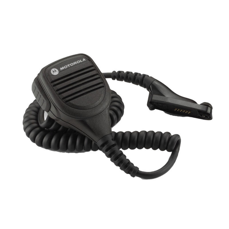 Full kit view of the Motorola PMMN4075 Compact Remote Speaker Microphone (RSM). This unit is submersible with an IP57 rating and is UL Approved (intrinsically safe).