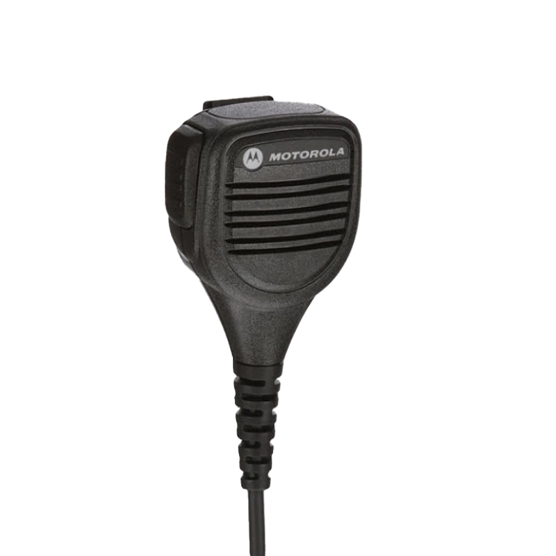 Front view of the Motorola PMMN4076 Compact Remote Speaker Microphone (RSM). This unit features a 3.5mm audio jack and is UL Approved (intrinsically safe).