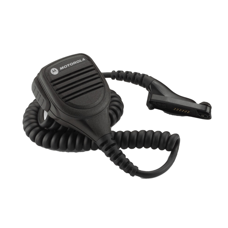 Full kit view of the Motorola PMMN4076 Compact Remote Speaker Microphone (RSM). This unit features a 3.5mm audio jack and is UL Approved (intrinsically safe).