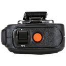 Top side view of the Motorola PMMN4099 IMPRES Windporting Remote Speaker Microphone (RSM). This unit features a volume toggle switch, orange emergency button, a 3.5mm non-threaded audio jack, and is waterproof with an IP68 rating. 