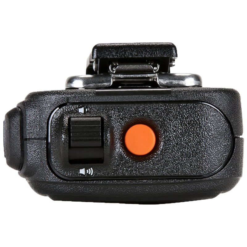 Top side view of the Motorola PMMN4099 IMPRES Windporting Remote Speaker Microphone (RSM). This unit features a volume toggle switch, orange emergency button, a 3.5mm non-threaded audio jack, and is waterproof with an IP68 rating. 