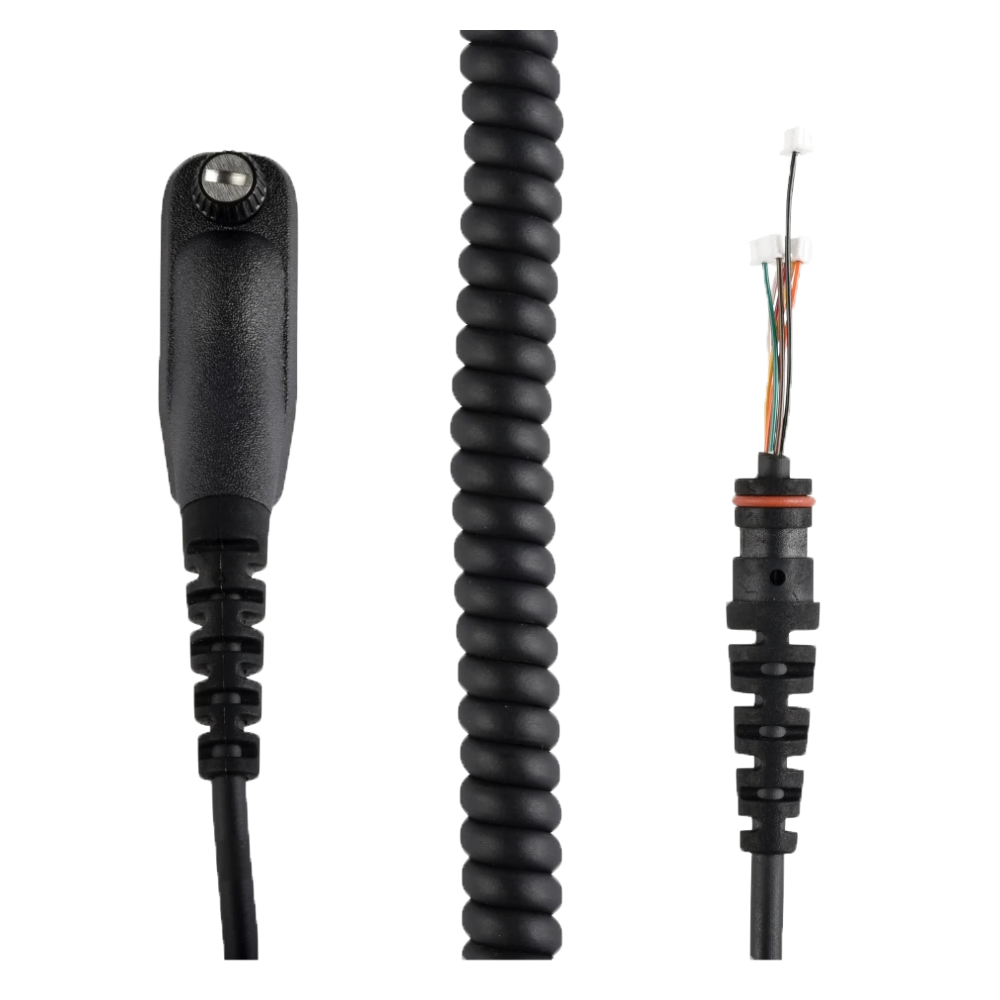 Connector view of the Motorola RLN6075 Replacement Coil Cord Kit. This unit operates as a replacement coil cord for Motorola Remote Speaker Microphones (PMMN4025, PMMN4046, and PMMN4050).